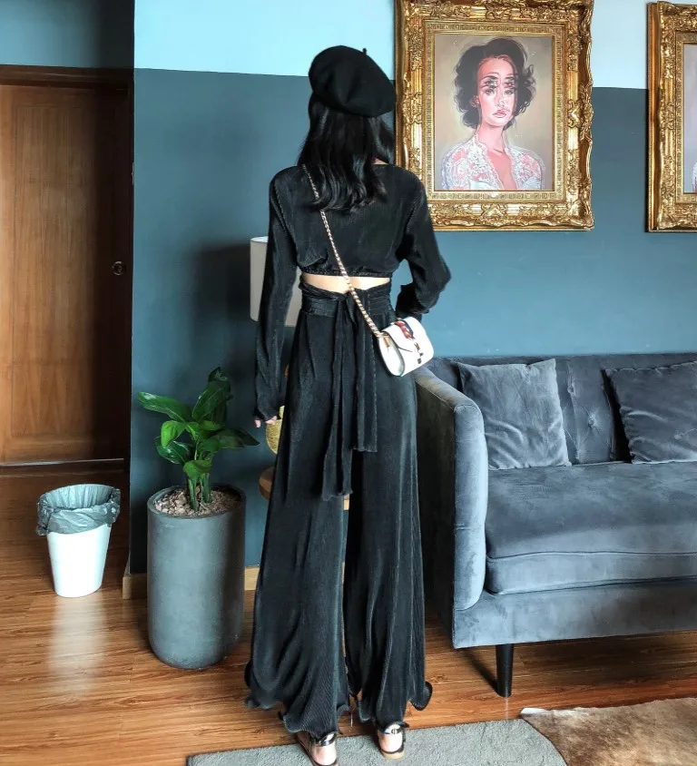 Женский комплект из 2 предметов шифоновые расклешенные брюки с круглым вырезом и