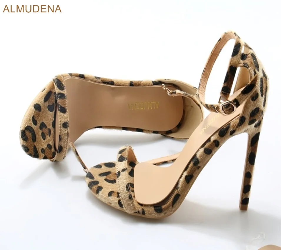 ALMUDENA Women Stylish Sexy Leopard Horse Hair Sandals Stiletto Heels Single Strap Pumps Ankle Buckle Contact Party Shoes | Обувь