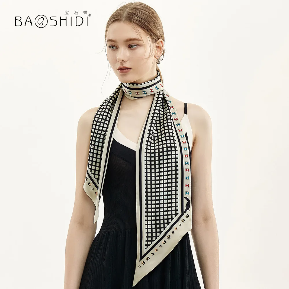 [BAOSHIDI] Весенняя мода двойное лицо тощий, Шелковая атласная лента, элегантный шейный платок, женский аксессуар для волос шарф для женщин