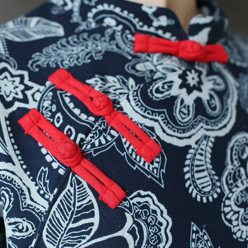 Женское винтажное платье в китайском стиле Cheongsam белого и синего цвета Осень зима