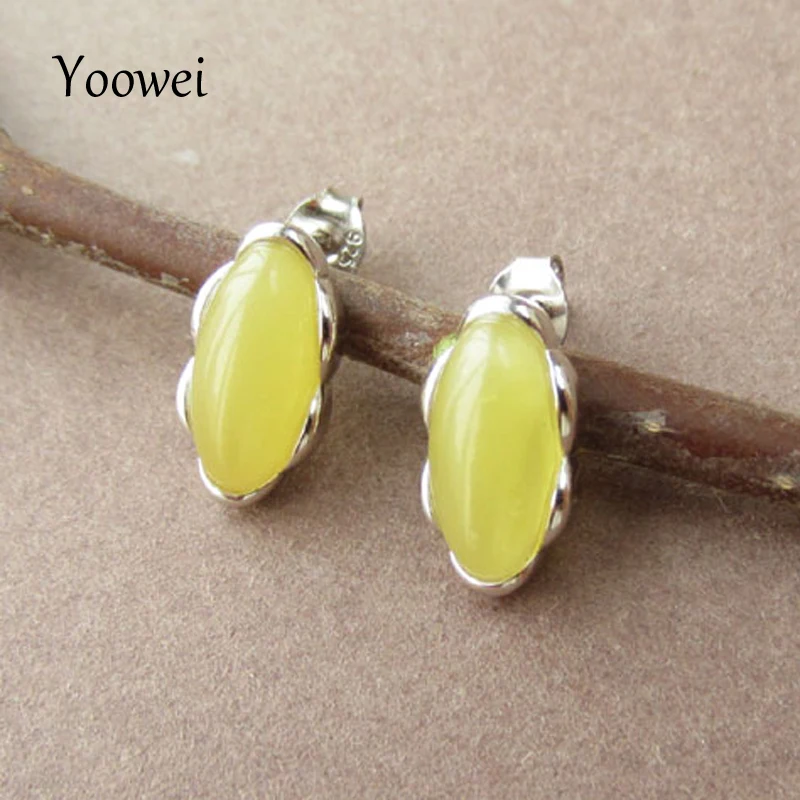 Женские серьги Yoowei Длинные овальные пусеты из натурального янтаря S925|stud