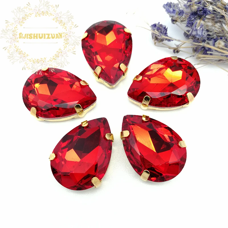 Best-selling Red Water drop shape Crystal Glass Sew-on Rhinestones with gold Claw DIY wedding Dresses and Clothes | Дом и сад