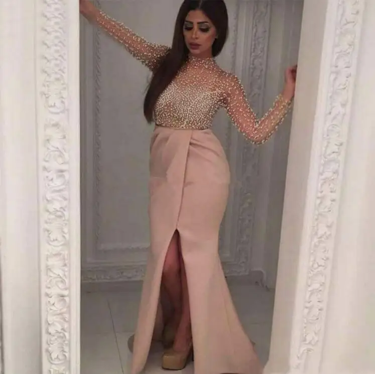 

Роскошные вечерние платья с жемчугом и юбкой-годе с длинным рукавом и высоким воротником, плиссированные сексуальные вечерние платья с раз...