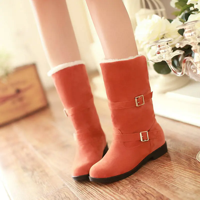 QUTAA Scrub Fashion Round Toe Casual Mid Calf Boots Buckle Comfort Low Heel Winter Warm Fur Orange Women Shoes Size 34-40