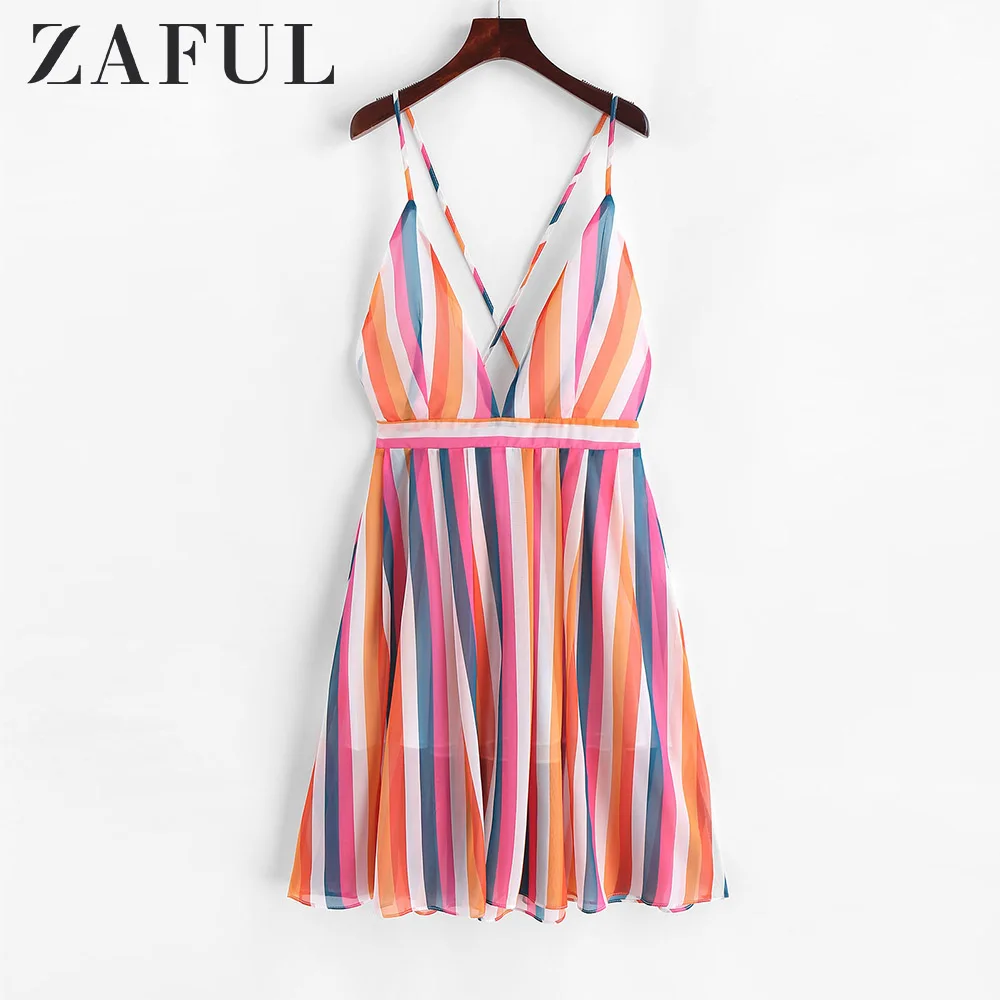 Женское платье без рукавов ZAFUL разноцветное в полоску на бретельках с