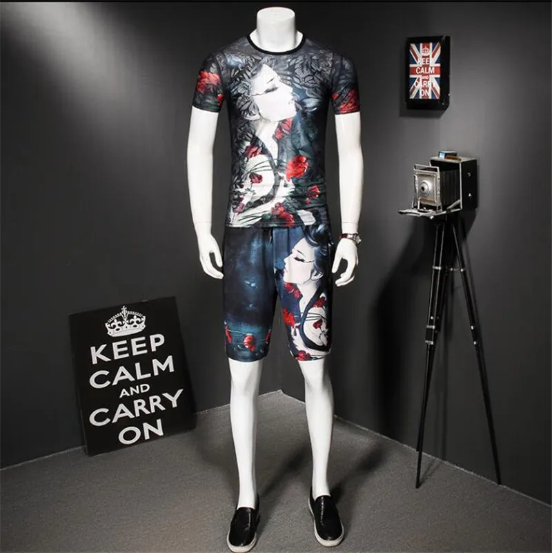 2018 Лето китайский стиль футболка комплект Новинка красоты узор|Мужские футболки|