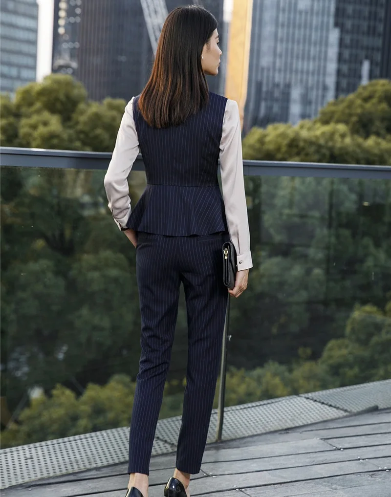 

Formal Uniform Designs Pantsuits 2018 Fall Autumn Fashion Striped Blazers With Pants and Waistcoat Vest Coat Women Pants Suits