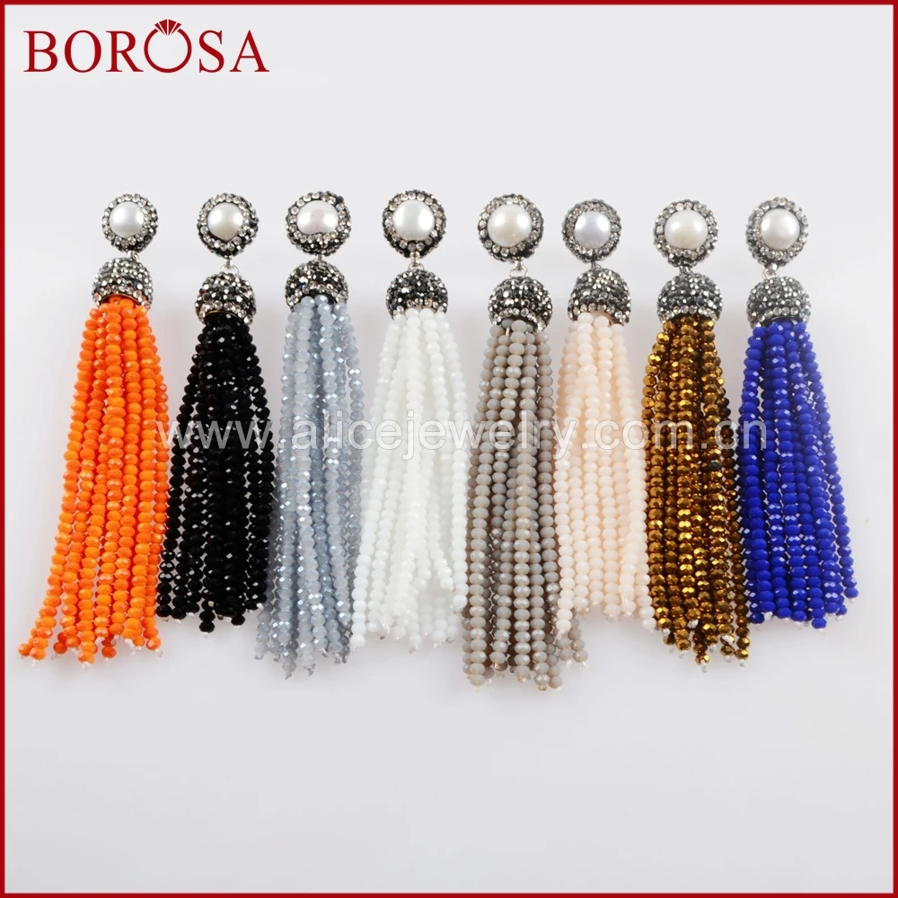 

BOROSA 5Pairs Natural Pearl Pave Rhinestone With Rainbow Tassel Beads Earrings Druzy Tassel Dangle Earrings for Women JAB845