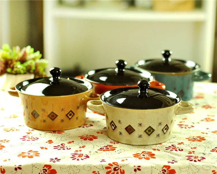 Керамика супница с крышкой и ложкой посуда Творческий суп горшок кухонные