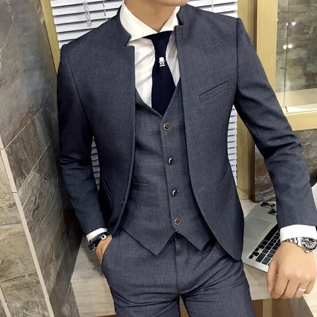 

2023 Brand New Grey Wedding Men Tuxedos Stand Collar Suit Men's Business Office Slim Fit Good Quality Male Suit 3 Pieces Sets