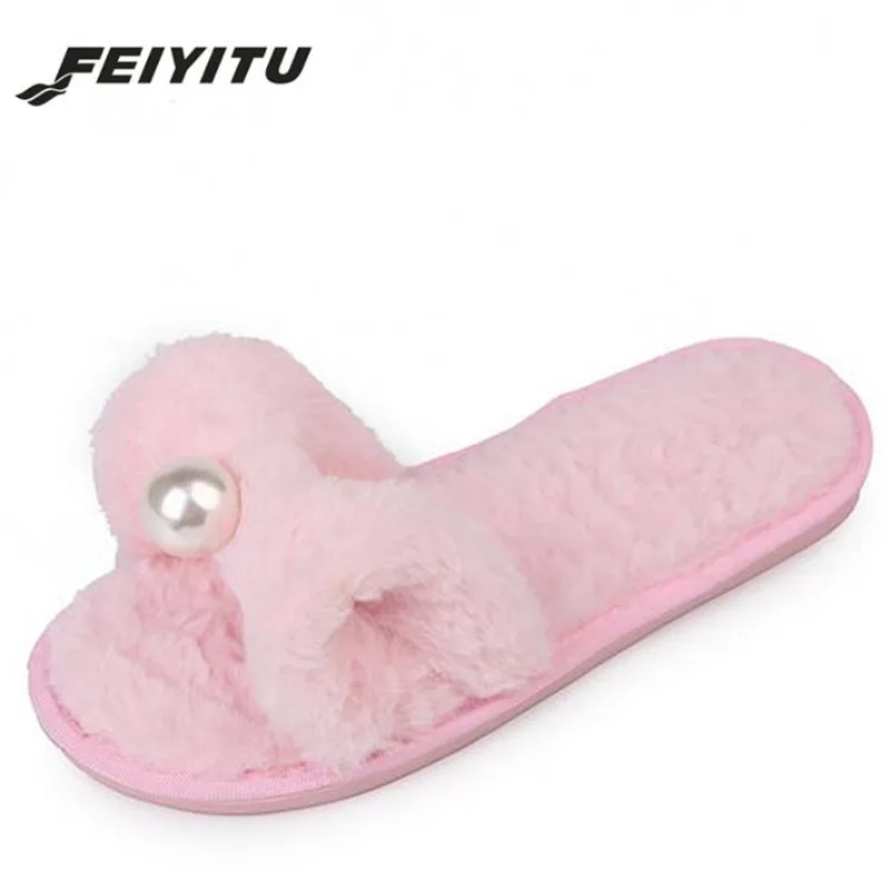 Женские сланцы FeiYiTu зимняя обувь на плоской подошве с мехом слипоны