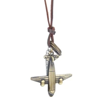 niuyitid antique bronze aircraft plane necklace pendants men women handmade genuine leather neclace collar