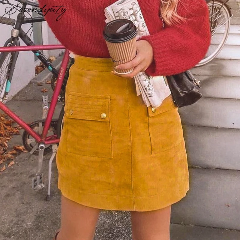 SRDP винтажные Желтые мини юбки с карманами Женские однотонные Узкие замшевые