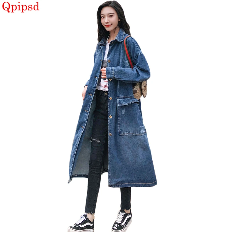

Korean New Style Denim Jeans Windbreakers 2021 Spring Autumn Long Trench Coats Female Casual Loose Overcoat Woman Jeans Overcoat