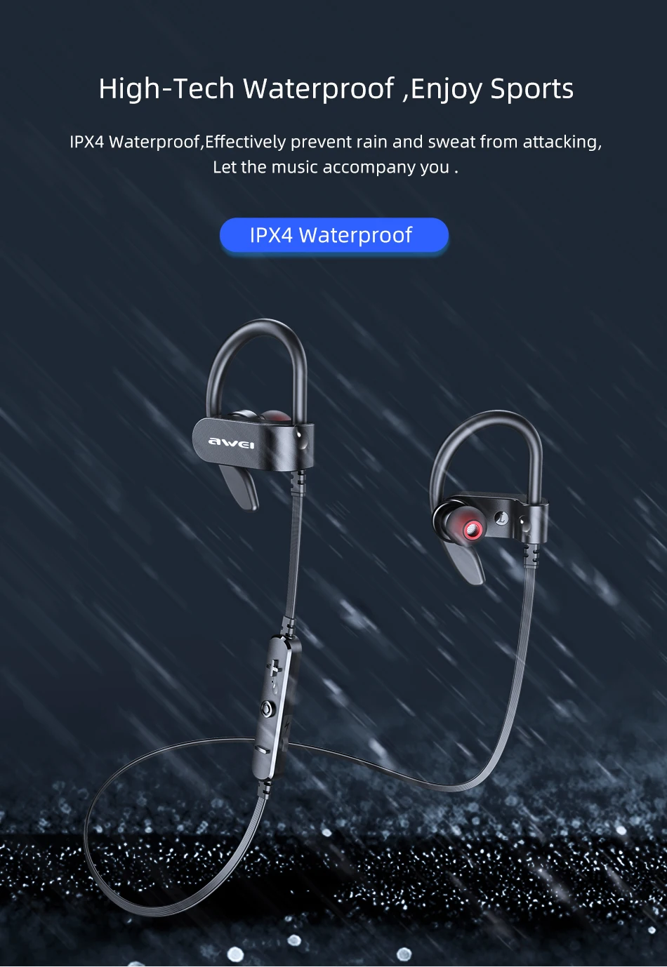 AWEI, водонепроницаемые, IPX4, спортивные наушники, Bluetooth, беспроводные наушники, громкая связь, стерео, hi-fi звук, Заушник, 120 мАч, с микрофоном для телефона