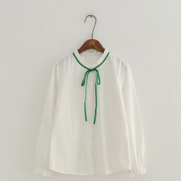 Пояс-кушак лук стоять воротник Длинные рукава хлопок литературный рубашка