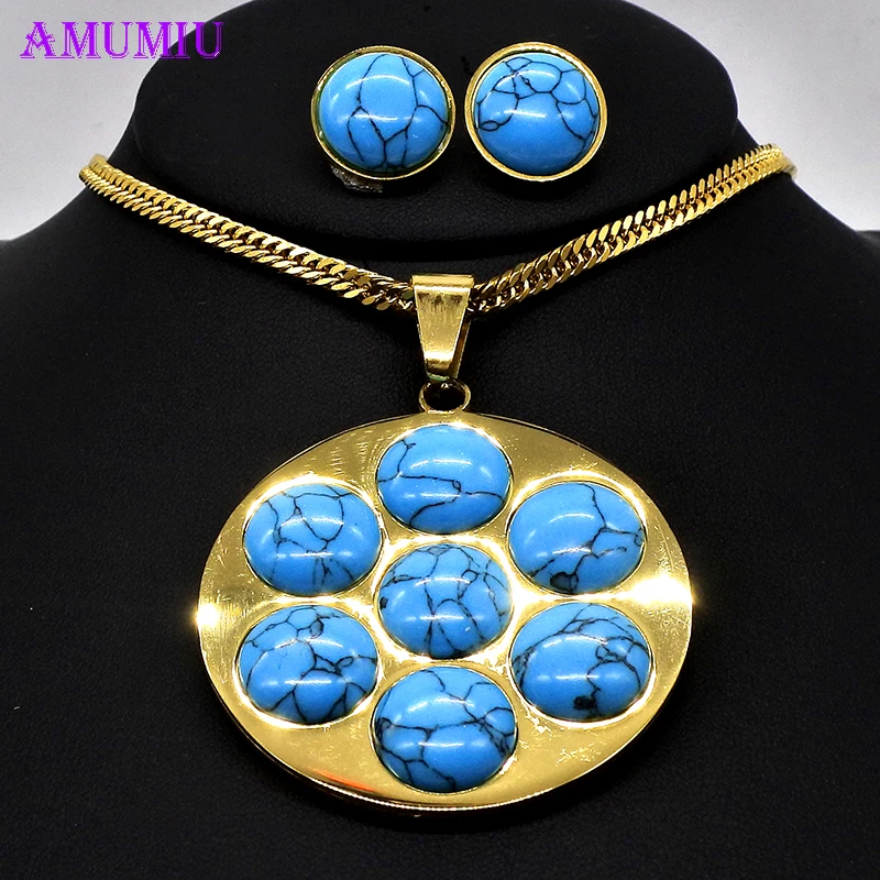 

AMUMIU Blue Ball Top Quality Exquisite Women Wedding Necklace Earrings Pendant Jewelry Set Gold JS065B