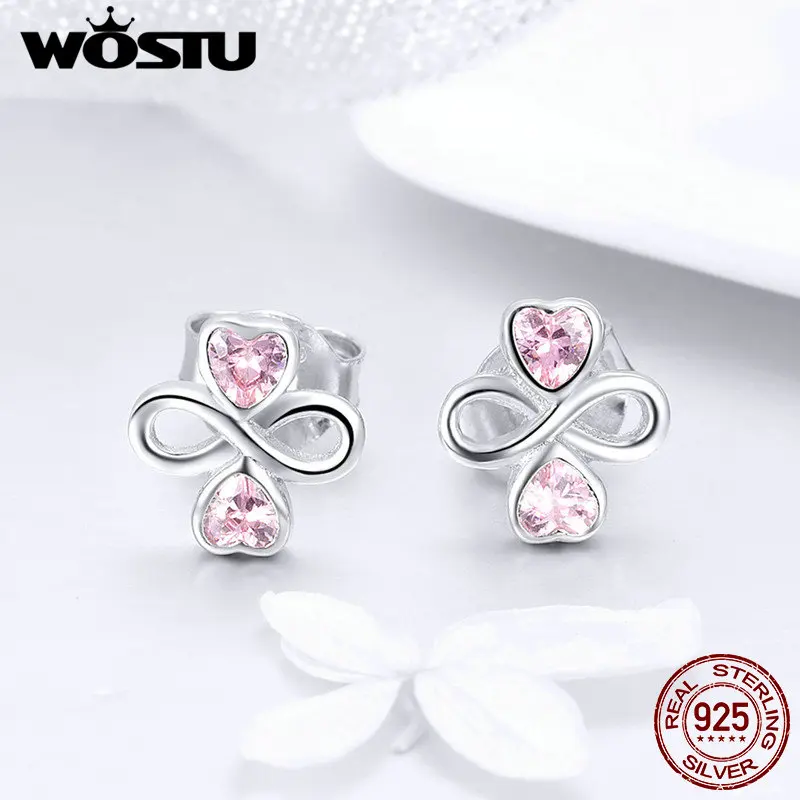 WOSTU, настоящее 925 пробы, серебряные, романтические, Бесконечная любовь, с розовыми кристаллами AAA, серьги-гвоздики для свадьбы, брендовые ювелирные изделия, подарок FIE455