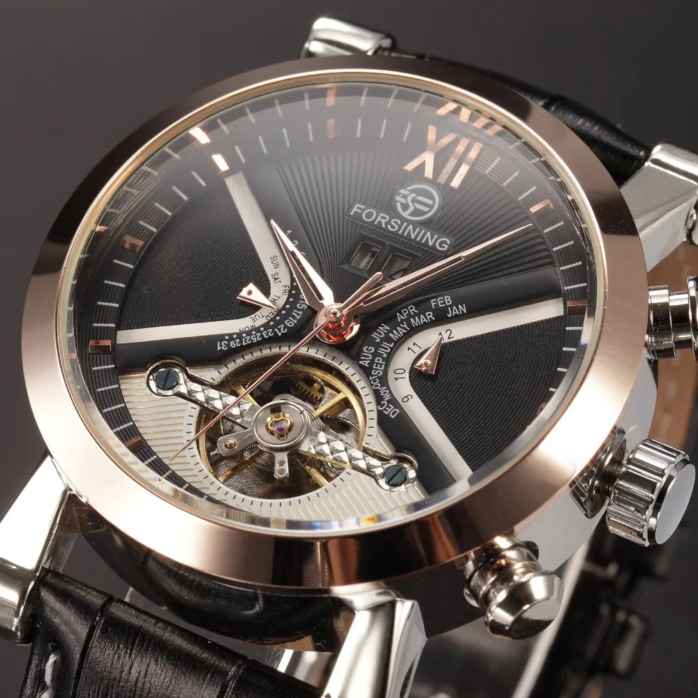 Forsining Tourbillon Мужские часы с автоматической обмоткой кожаный ремешок