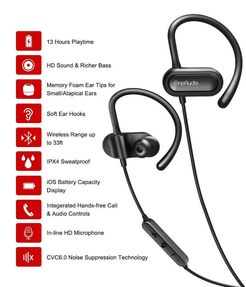 OneAudio bluetooth наушники IPX4 водонепроницаемые беспроводные наушники спортивные бас bluetooth наушники с микрофоном для телефона iPhone xiaomi