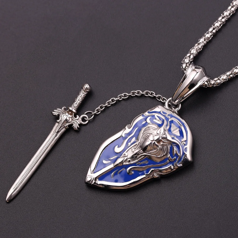 WOW World of Warcraft металлическое Лев щит ожерелье с кулоном в виде меча для мужчин Лев золото& серебро& синий цвет нержавеющая сталь ювелирные изделия