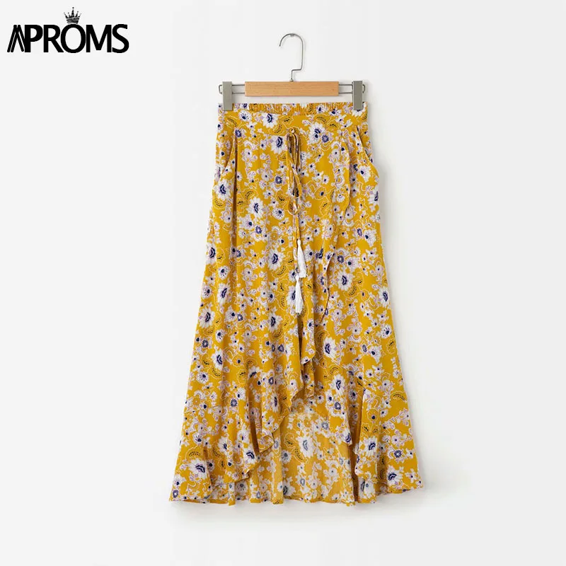 Yellow Aproms в стиле бохо, цветочный принт, Женская юбка миди, высокая талия, эластичные пуговицы, юбка с оборками,, летняя элегантная женская длинная юбка - Цвет: Yellow