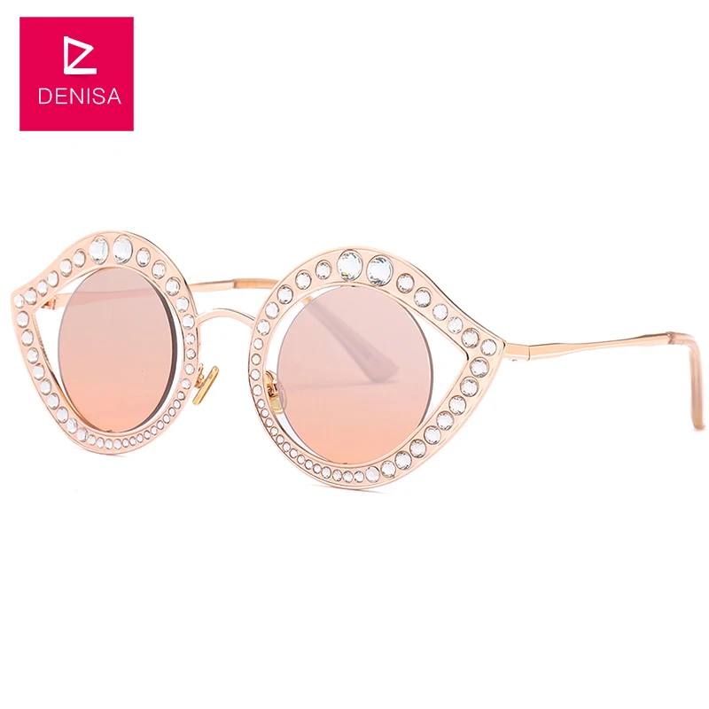 Pink Sunglasses DENISA, круглые линзы, кошачий глаз, солнцезащитные очки для женщин,, трендовые очки со стразами, Винтажные Солнцезащитные очки для девушек, UV400, femme lunette G18616 - Цвет линз: Pink Sunglasses