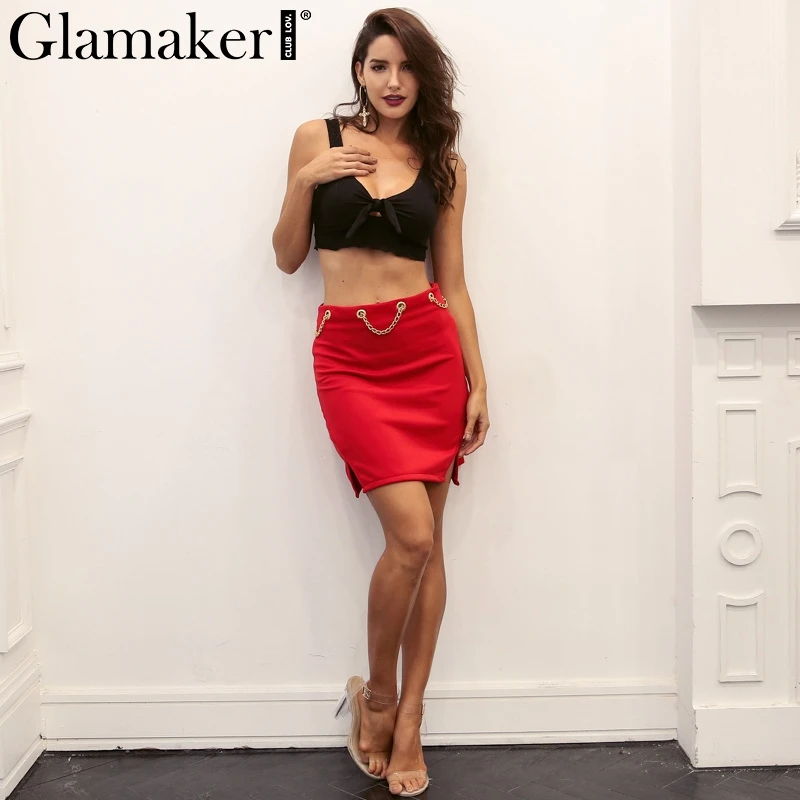 Glamaker, женская трикотажная юбка с разрезом, летняя стильная мини-юбка с металлической цепочкой, женские Соблазнительные обтягивающие черные вечерние юбки, женская нижняя часть