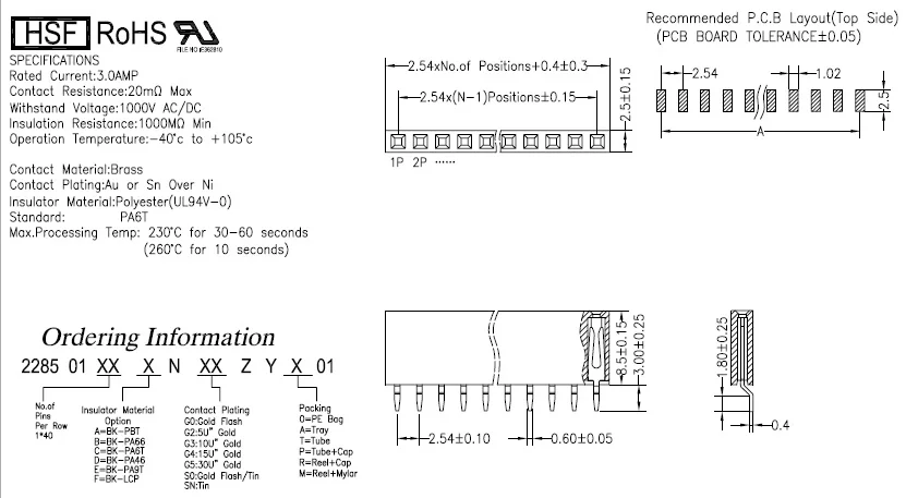 10 шт. 0 100 &quot2 54 мм 1x40 контактов 40-позиционный гнездовой разъем PCB Однорядный