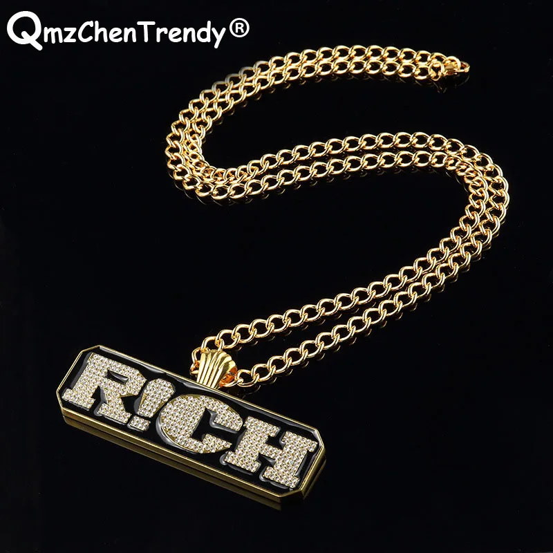 

Hip Hop Mens Long Cuban Link Chain Jewelry Full Iced Out Rhinestones RICH Letters Tag Pendant Gold Necklace The Rap Of China