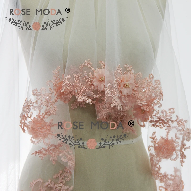 Rose Moda, сделанная на заказ, 200 см, Соборная вуаль с розовым кружевным подолом, мягкая Тюлевая Фата для невесты, белая, слоновая кость, 2 м, цветы ручной работы