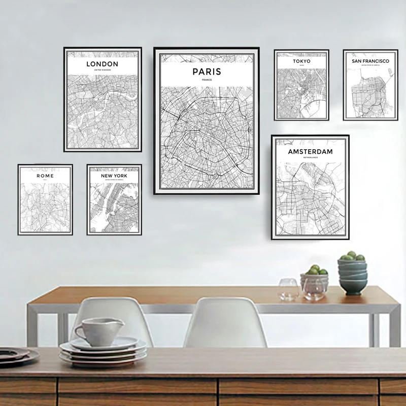 

Nordic City Contour Maps Travel Pictures Canvas Paintings Black and White Posters and Prints Wall Art Home Decoration No Frame