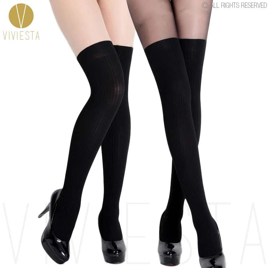 МОК над коленом Ribbed Tights-120d + 30d Для женщин сжатия Винтаж Sexy полосой поддельные