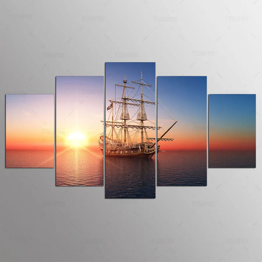 

5 Panel Sunset Sea Travel Sailing Vessel Seascape Canvas Picture Art HD Print Painting On Canvas For Living Room kn-414
