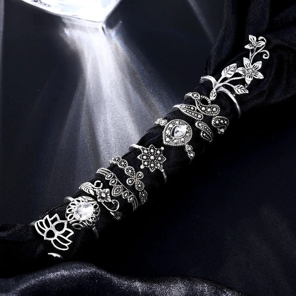 10 шт./компл. богемский Цвет: старое серебро набор колец с кристаллами цветком