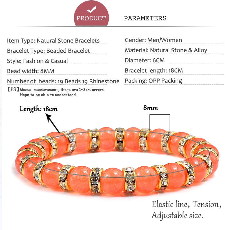 Женский браслет с бусинами и кристаллами из оранжевого натурального камня со