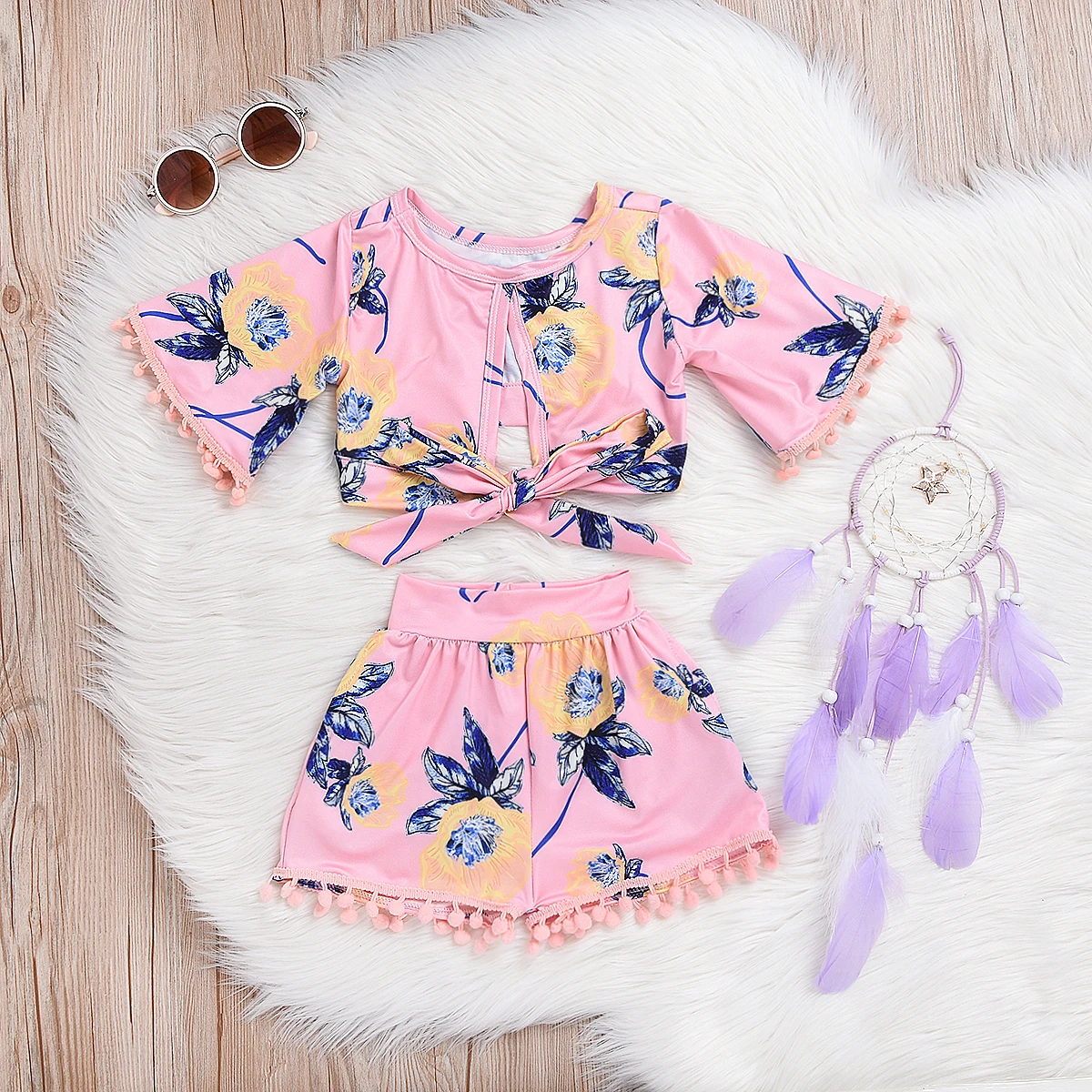 6M-5Y Toddler Kids Baby Girl Summer Outfits Floral bandage T-shirt Tops+Shorts Pants 2PCS Set Child Clothing Flower baby clothes | Мать и