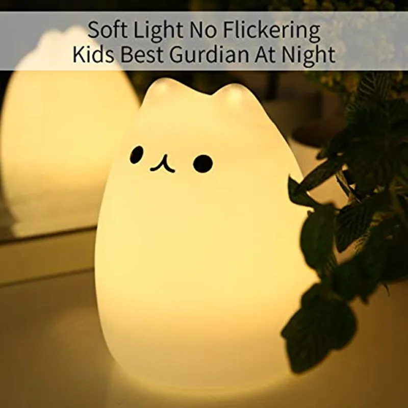 

HZFCEW USB Rechargeable Silicone Cat Carton Night Lights with Warm White and 7-Color Breathing Modes for Kids Baby Children