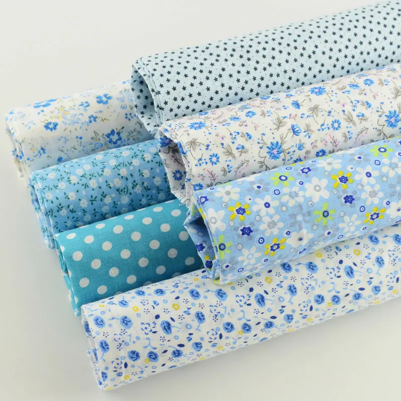 7pcs Mix Light Blue Print Lovely Flowers Abd Dots Cotton Fabric Square Bundle Perfect Match Table Cloth DIY Dolls Handmade