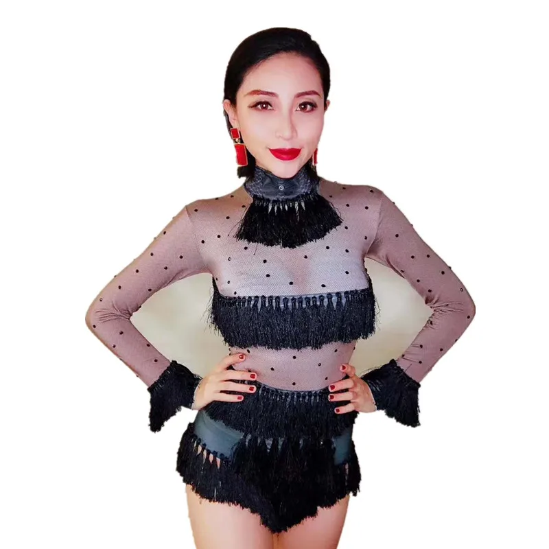 Женский боди с кисточками и стразами Christia Bella вечерние Стрейчевые трико для