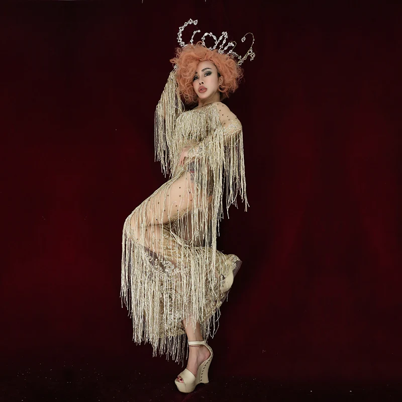 Sexy Perspective Gold Crystals Tassels Long Dress Bar Nightclub Women Singer Host Costume Party Celebration Stage Wear | Женская одежда