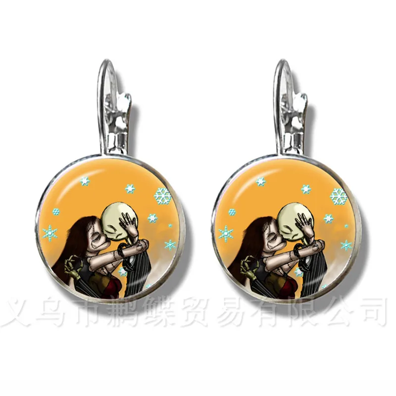 

16mm Round Glass Cabochon Jack Skellington Pattern Earrings For Friends Silver Plated Stud Earrings Halloween Gifts