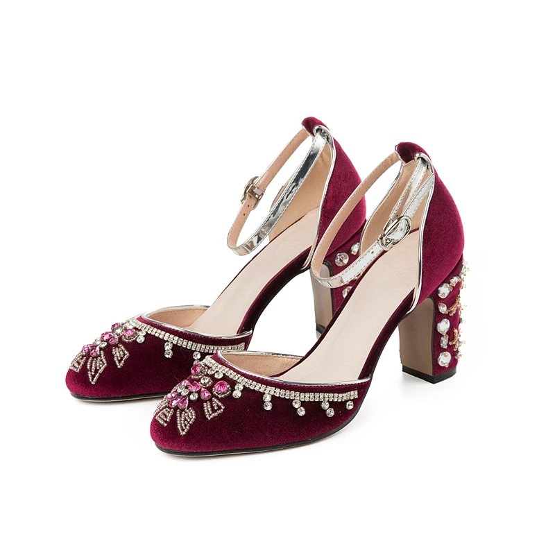 

2019 Summer Velvet Rhinestone Diamond High Heel Shoes Woman Round Toe Crystal Flower Buckle Wedding Shoes For Women Party shoes
