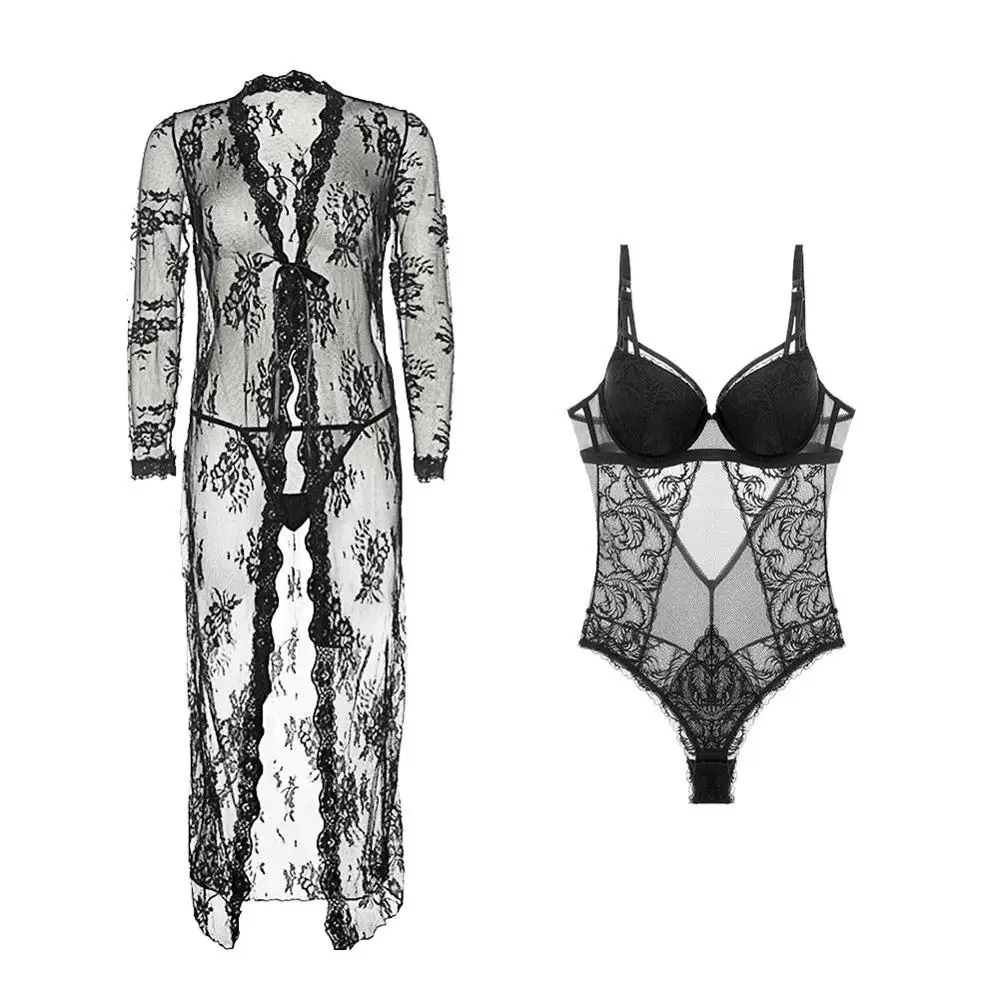 Women's One-Piece Underwear Push Up Lace Lingerie Sexy bra set+robe+thongs 3 pcs - Цвет: Черный