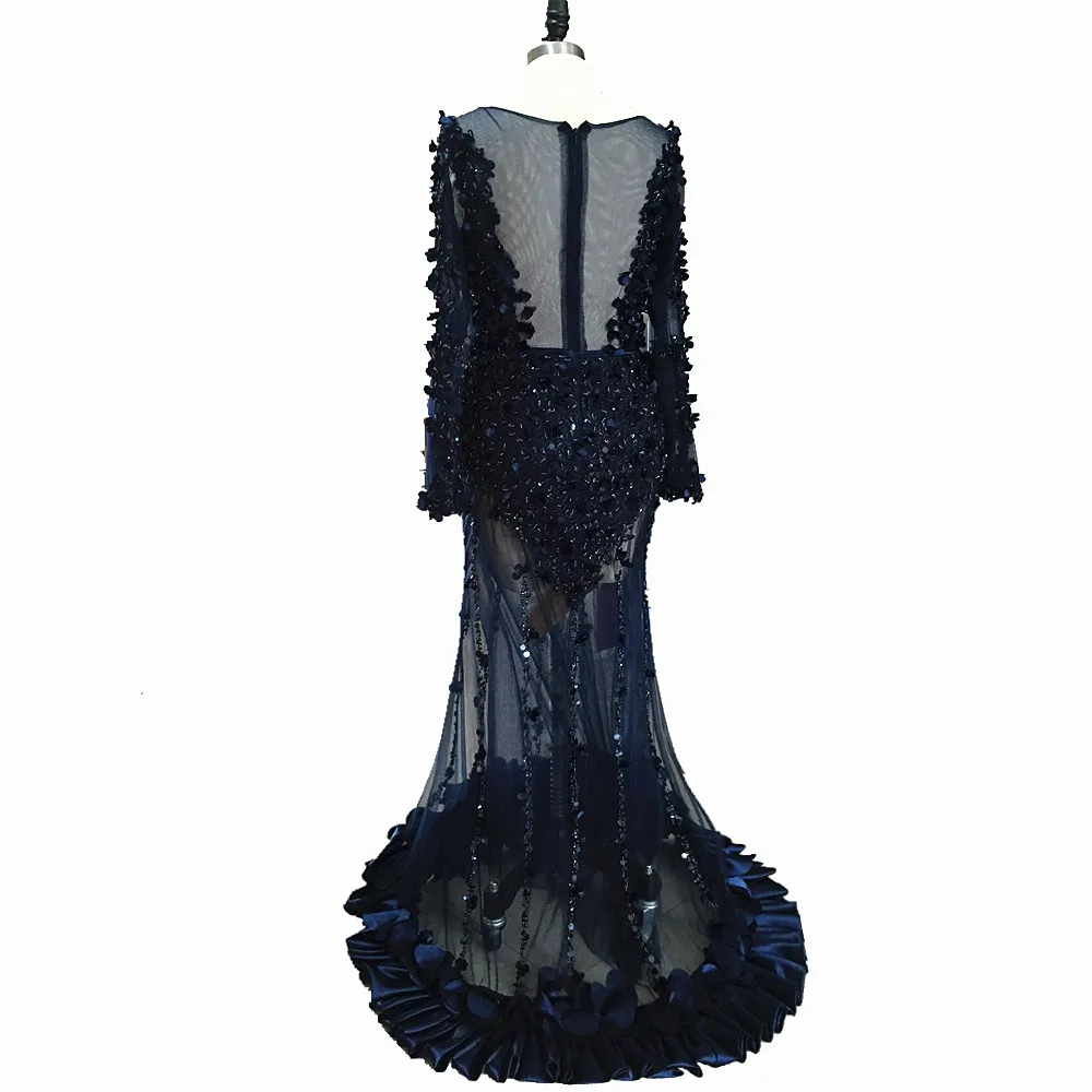 Темно синие вечерние платья с длинными рукавами 2019 Vestido de festa кружевные для