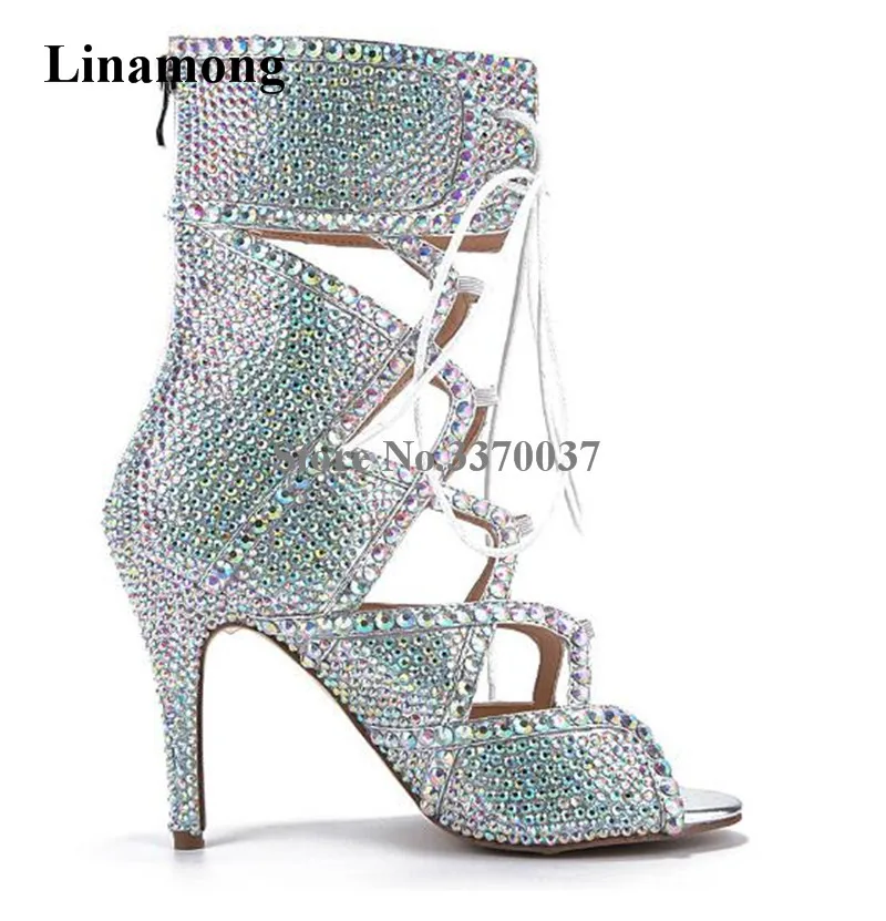 

Женские блестящие стразы с открытым носком, на шнуровке, на тонком каблуке, короткие гладиаторские ботинки с вырезами, ботильоны на высоком каблуке с кристаллами, свадебная обувь