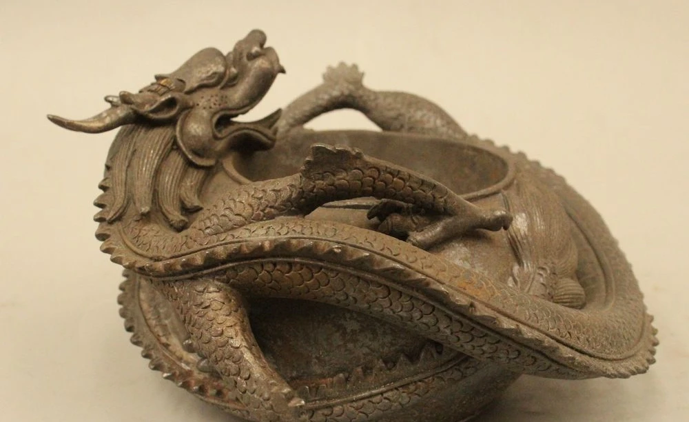 Chinese Folk Purple Bronze Dragon ashtray Bowl marked Dynasty Palace Statue | Дом и сад