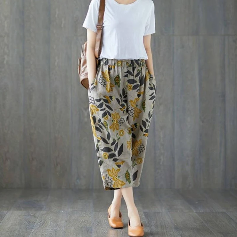 Летние женские штаны с принтом из хлопка и льна большие размеры ретро-шаровары в