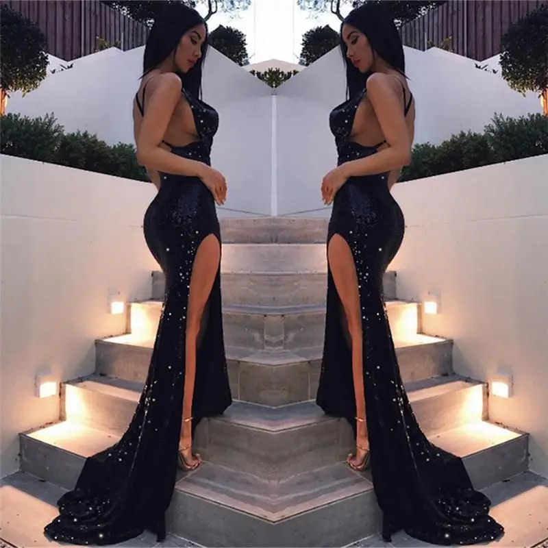 Женское вечернее платье с открытой спиной Черное блестками и 2019|Вечерние платья|
