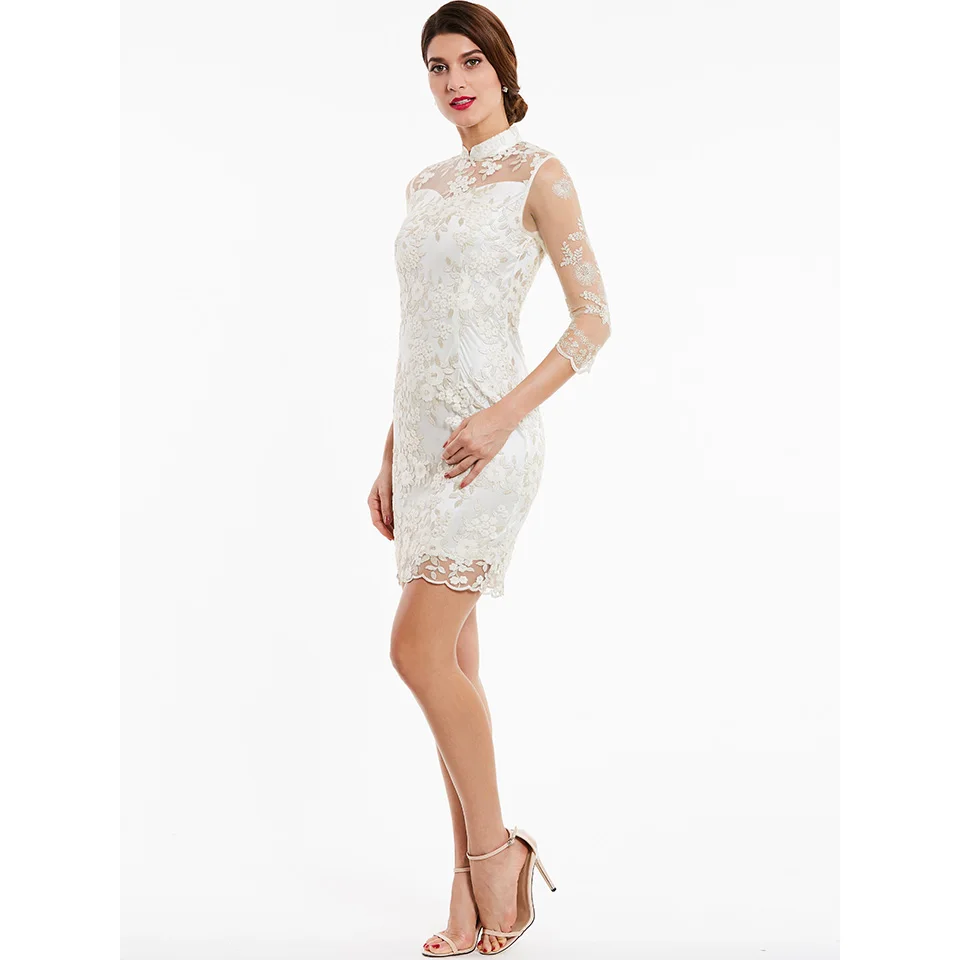 Dressv Элегантное коктейльное платье голубое с высоким воротом 3/4 рукава длиной до колена облегающее свадебное платье для девушек короткое коктейльное платье